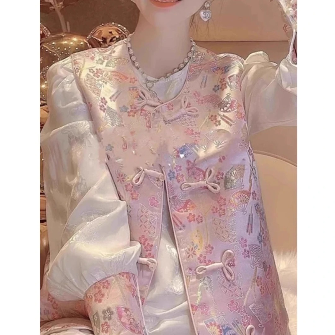 新中式中国风拼接刺绣盘扣衬衫女2025春季新款唐装马甲衬衣两件套