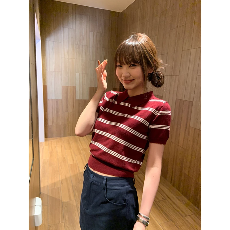 YOKLASS少女家 【现】红色条纹polo翻领毛衣通勤潮流上衣 M35078S52