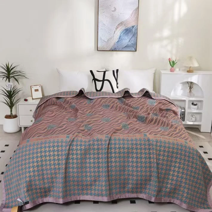 【床盖-加大洛神花-粉】230-250cm轻奢长绒棉多功能四季床盖