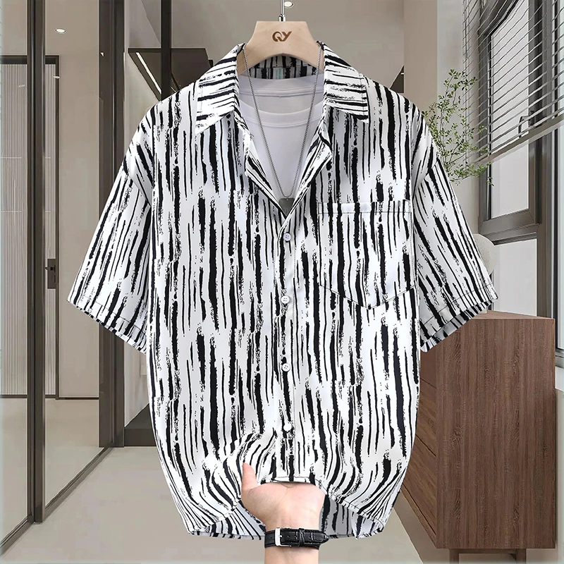 短袖夏季扎染男韩版冰丝印花衬衫衬衣男士印花薄款潮流外套