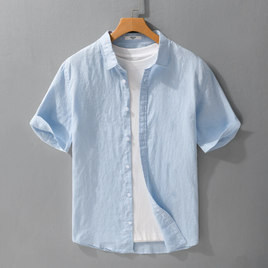 夏季国风男士亚麻衬衣纯亚麻薄款透气上衣宽松百搭短袖衬衫休闲