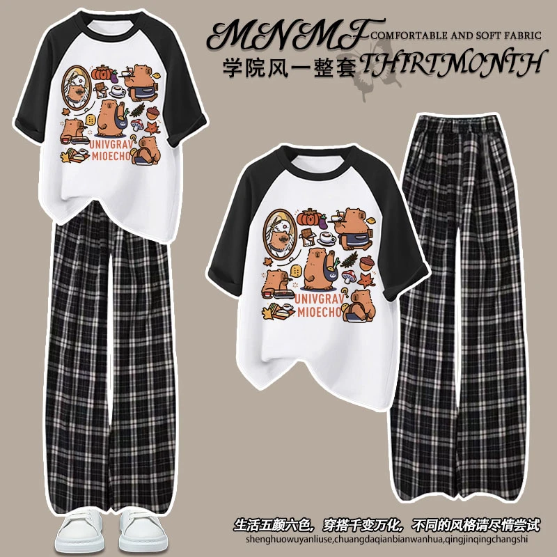 夏季套装男女童纯棉插肩短袖洋气卡皮巴拉印花阔腿格子长裤两件套