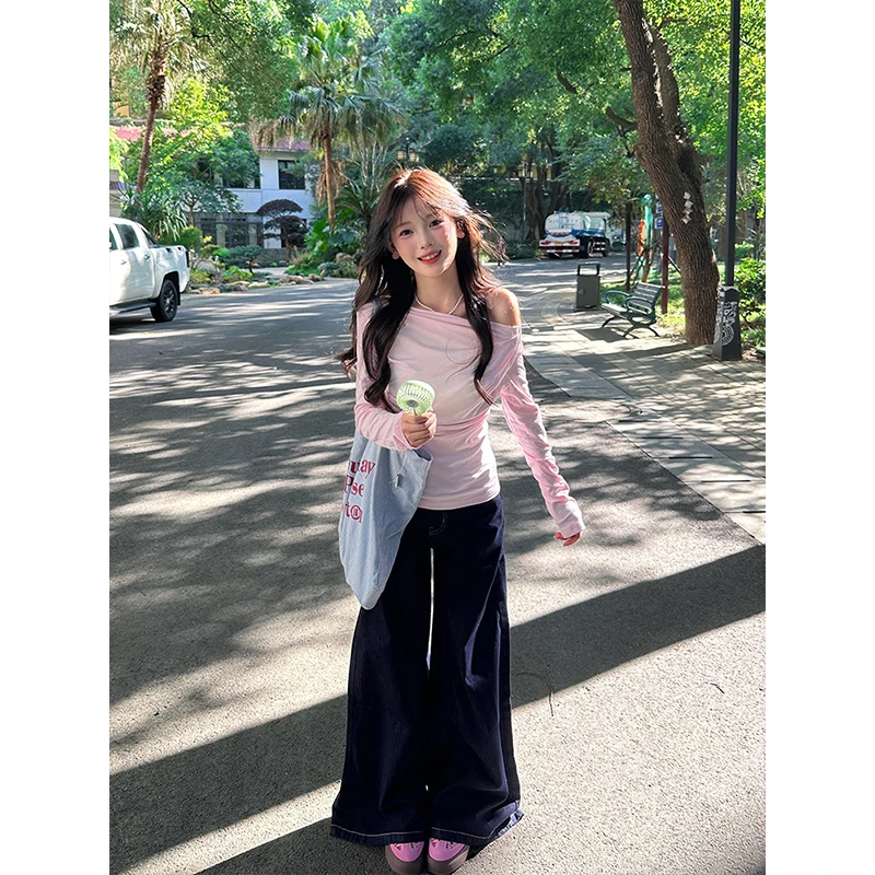 美式辣妹纯欲粉色斜肩长袖t恤女早秋修身设计感小众显瘦百搭上衣