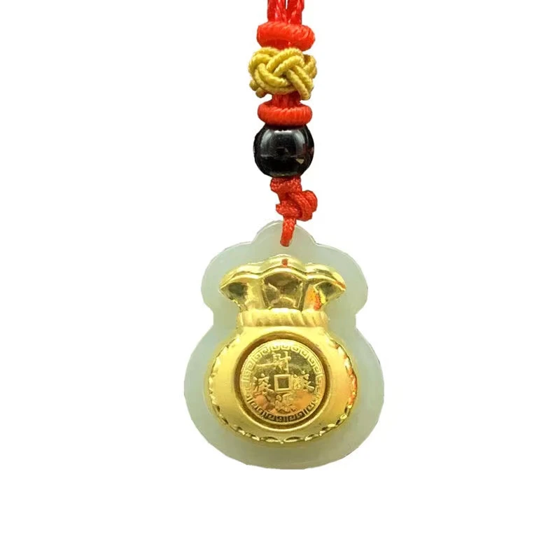 2025新款真金镶和田玉钱袋子经典吊坠08-证书-礼盒-配绳+古法手镯