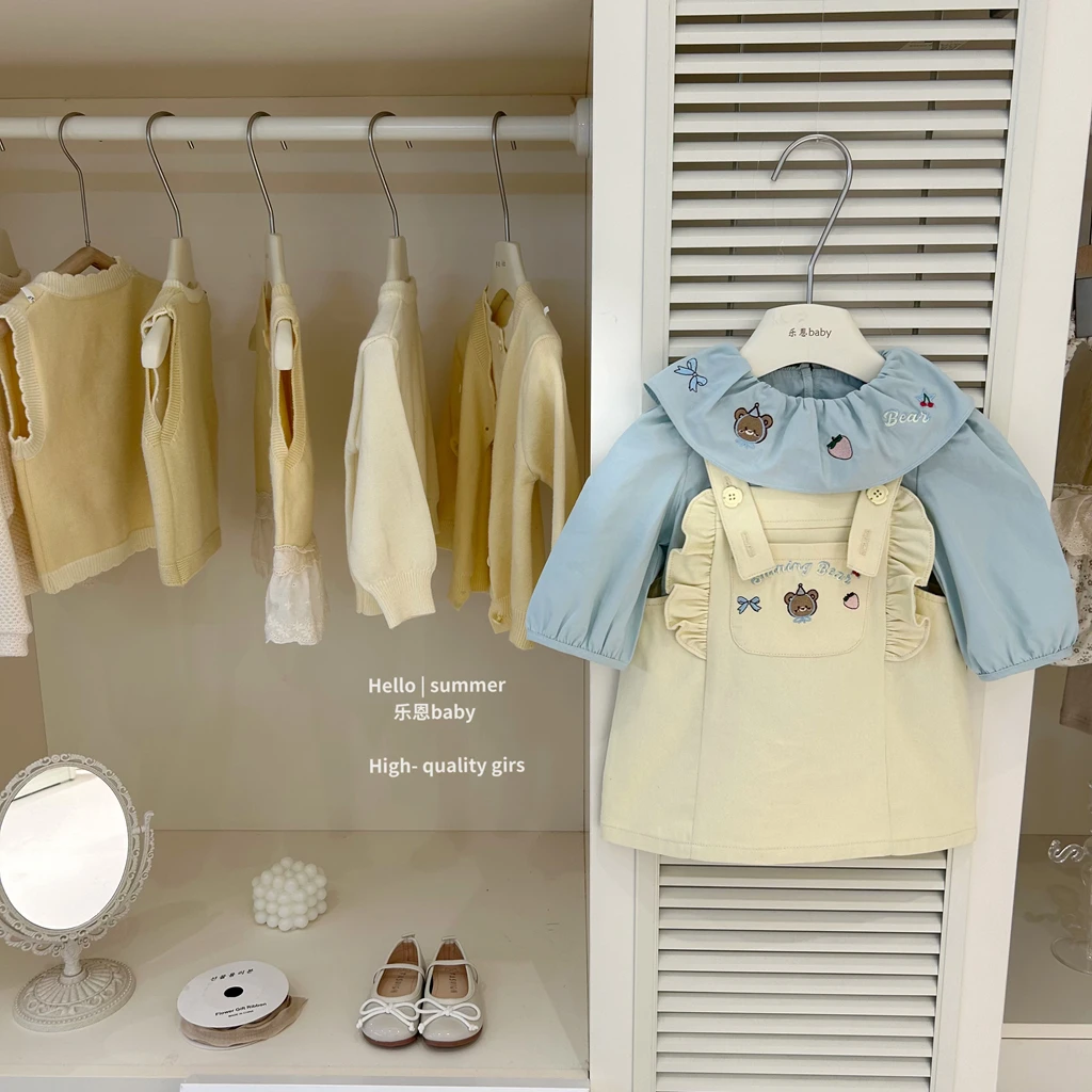 【乐恩baby】2025春夏女宝宝长袖刺绣衬衫背带裙套装儿童洋气两件套