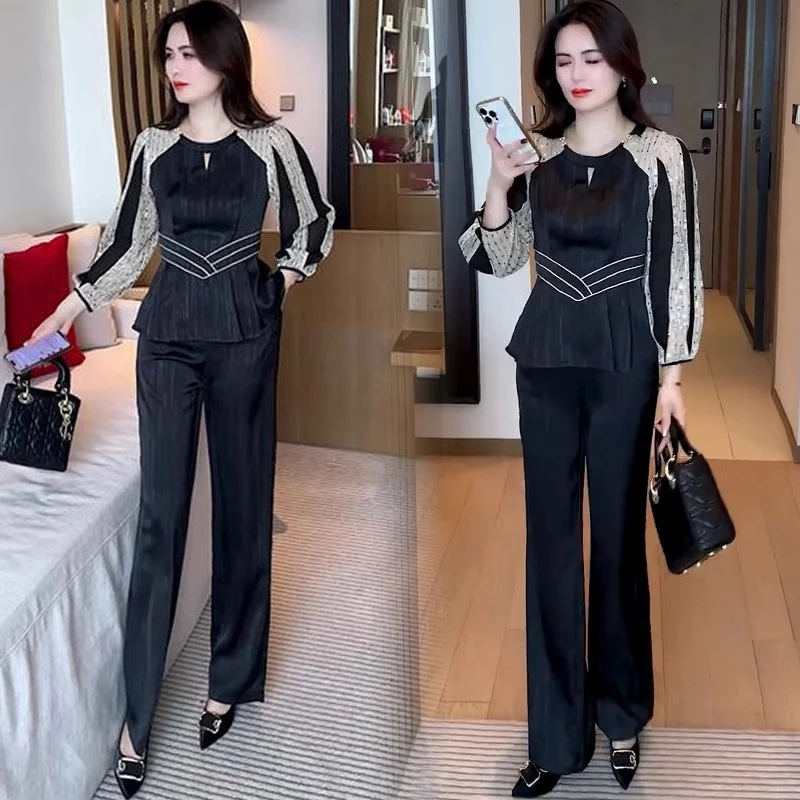时尚套装女2025春季新款洋气显瘦一整套长袖上衣阔腿裤减龄两件套