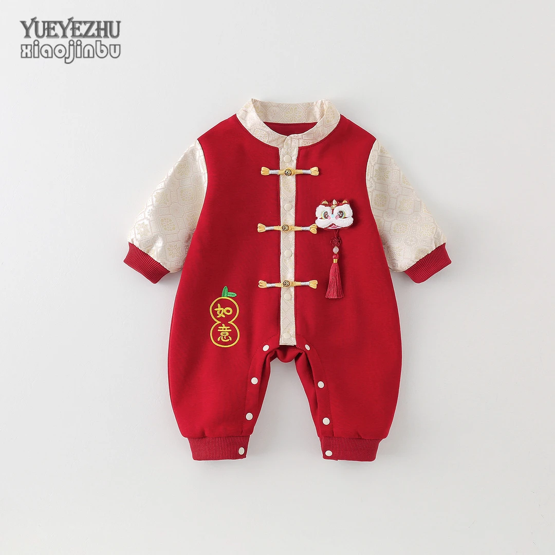 男宝宝中国风连体衣秋装红色百天婴儿衣服秋季喜庆满月服外出哈衣
