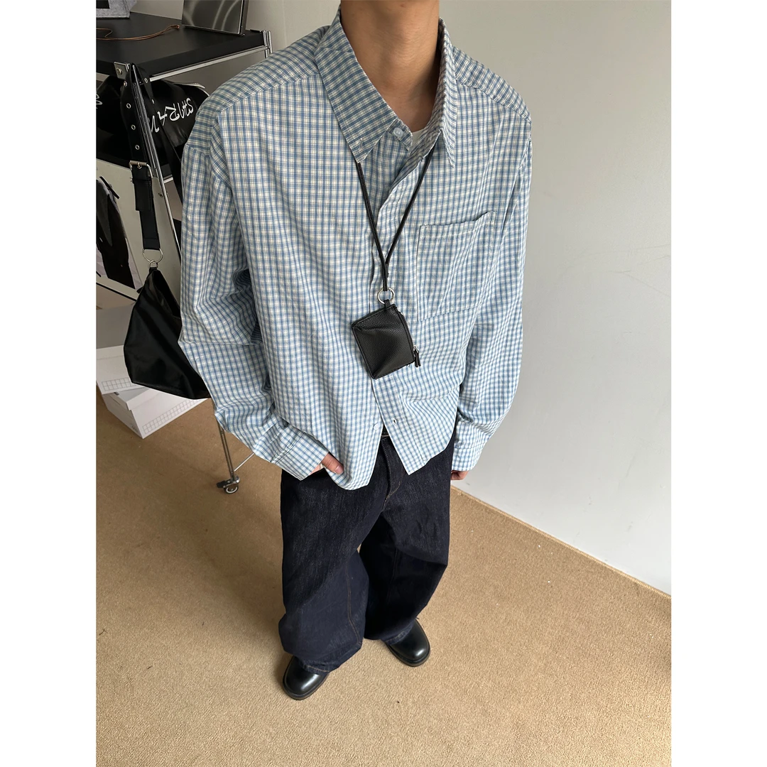 CZ2早秋美式复古经典格纹衬衫男女宽松休闲百搭通勤浅蓝长袖衬衣