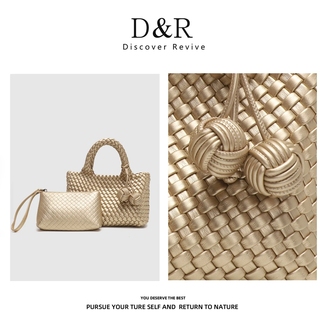Discover Revive 新款时尚单肩斜挎手工编织包包E516-香槟金