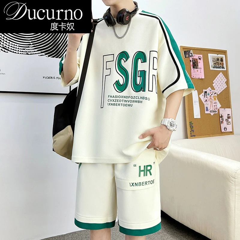 休闲男华夫格短袖t恤男潮牌五分短裤港风两件套夏季潮流运动套装