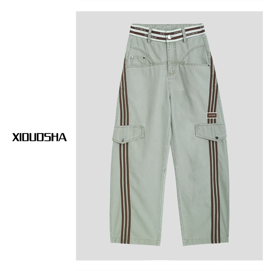 XIDUOSHA/喜朵莎原创设计款腰头拼接字母显瘦美式直筒裤XDS1169