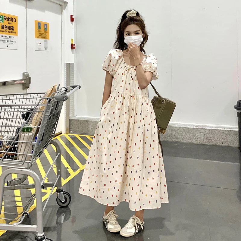 法式浪漫波点印花泡泡袖连衣裙女2025夏季新款今年流行甜美初恋裙