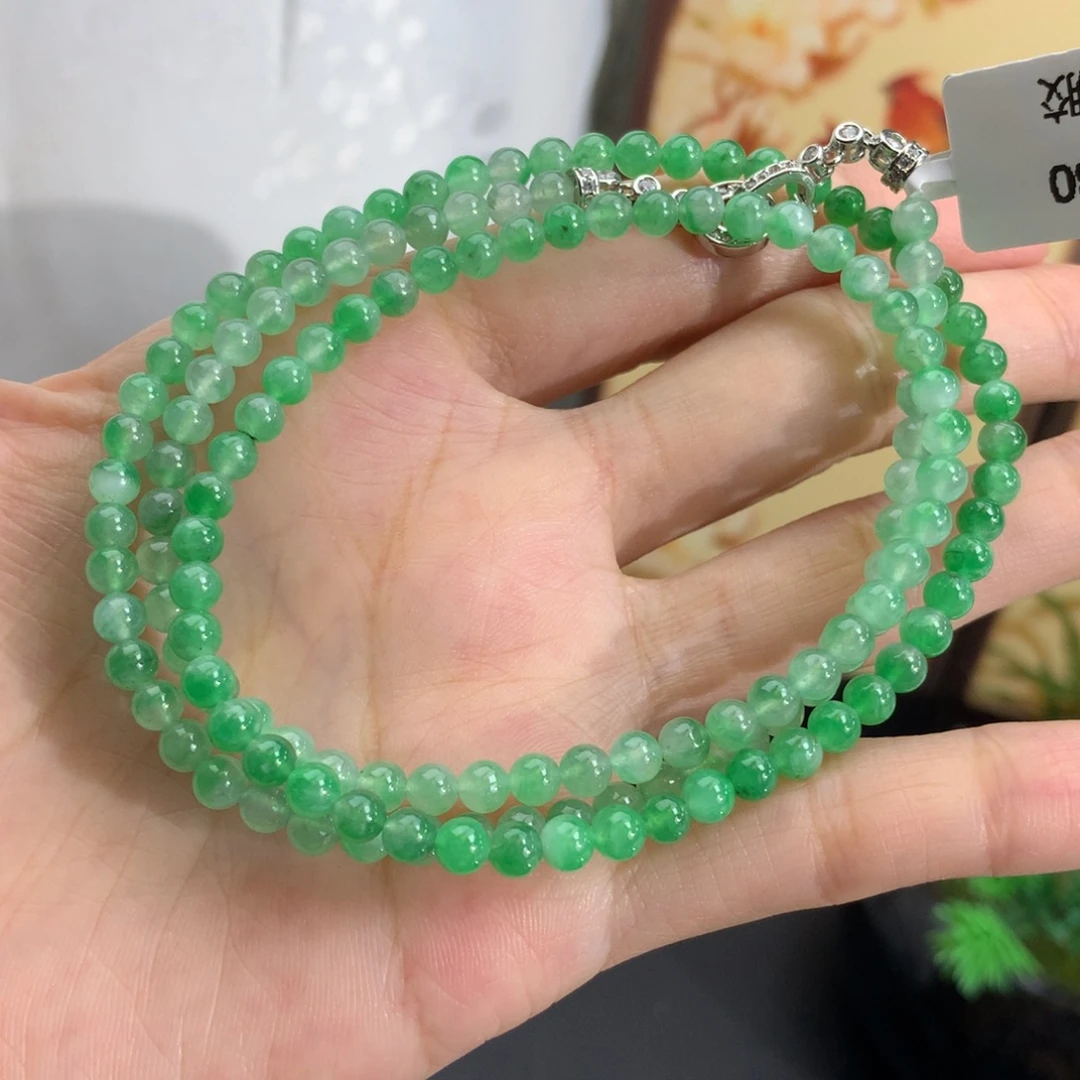 翡翠未镶嵌手串卡4冰胶飘绿花渐变项链