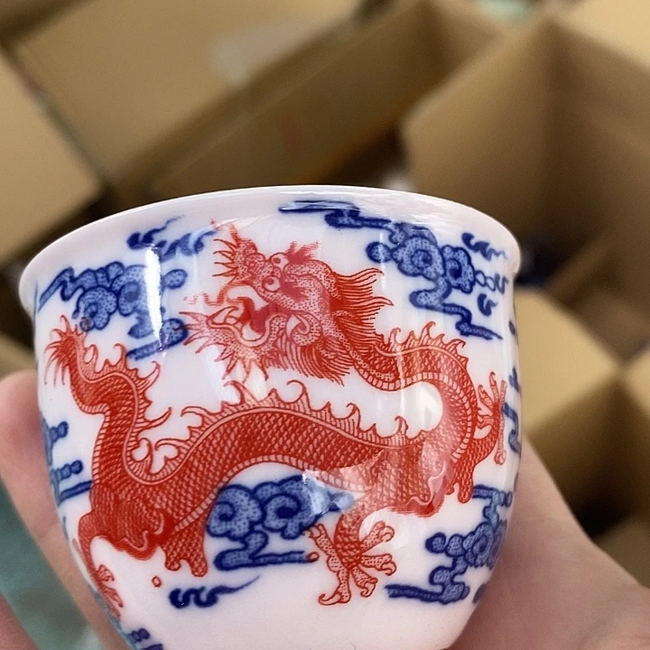摆件陶瓷红稀土龙纹祥云小缸杯