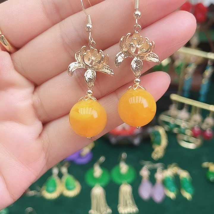 琥珀耳饰未镶嵌蜜蜡莲花