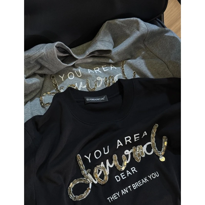 Bamancai-设计感复古重工镶钻短袖减龄百搭气质休闲百搭女上衣ins