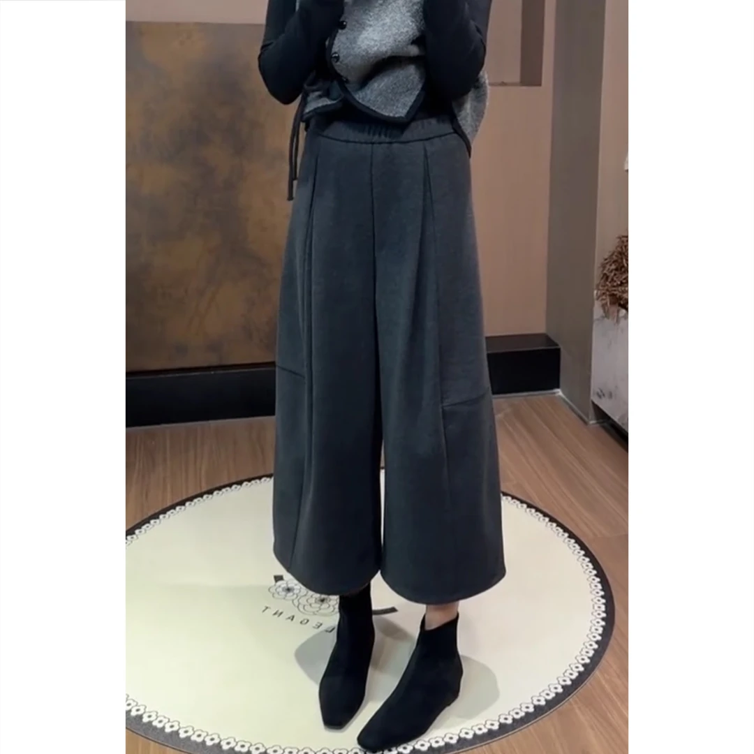 艾塔莉秋冬女爆款气质百搭休闲裤加厚款阔腿毛呢裤休闲风高腰显瘦