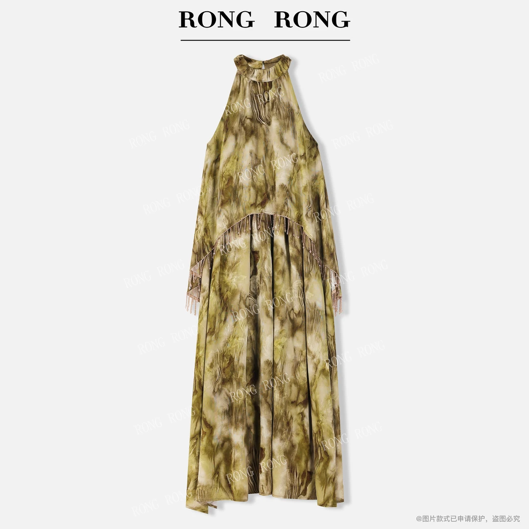 溶溶【黄昏秋桐】RONGRONG 无袖晕染挂脖串珠流苏提花连衣裙F-Z0359