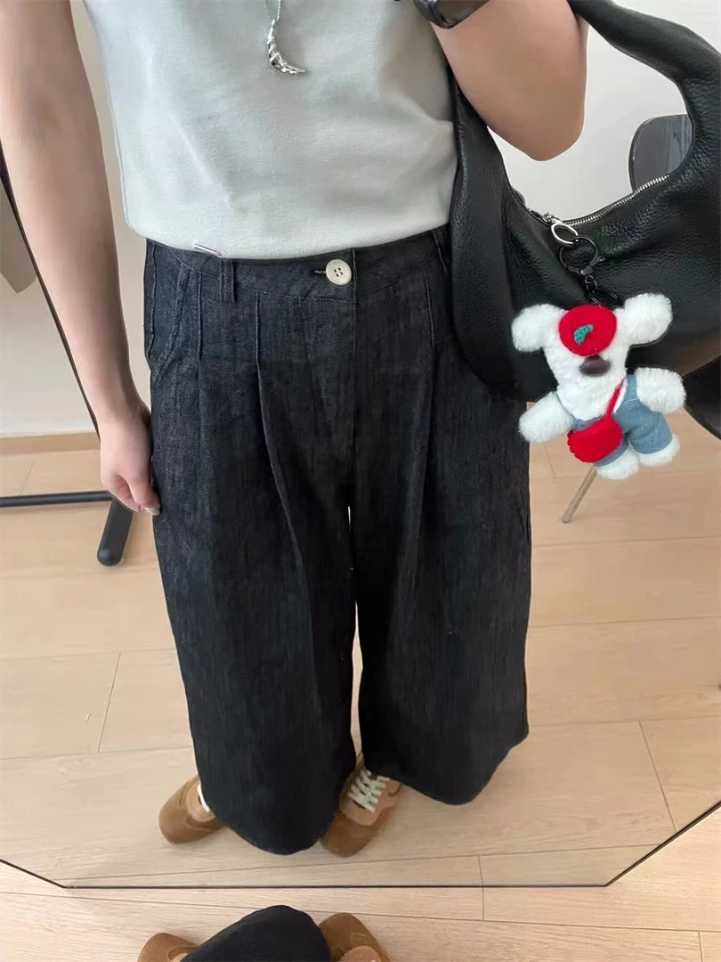 宽松韩系简约薄牛仔阔腿裤【后松紧腰