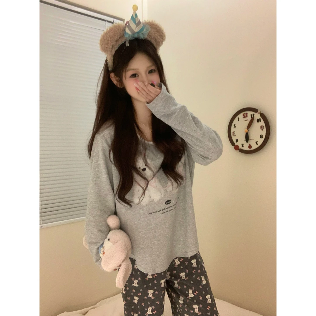 甜美可爱卡通小狗蕾丝边睡衣女秋季新款长袖长裤可外穿家居服套装