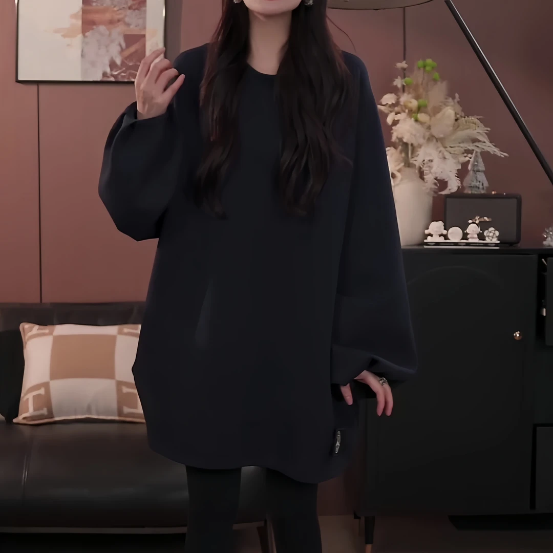慵懒风中长款纯色套头卫衣女2025秋冬季新款美式复古圆领长袖上衣