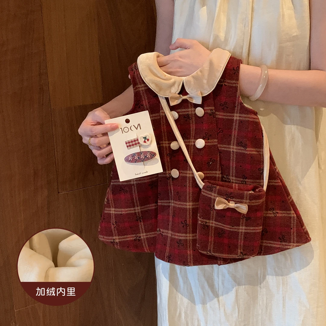女宝宝冬季加绒公主裙童装背心裙韩版可爱风衣服小公主时髦红色