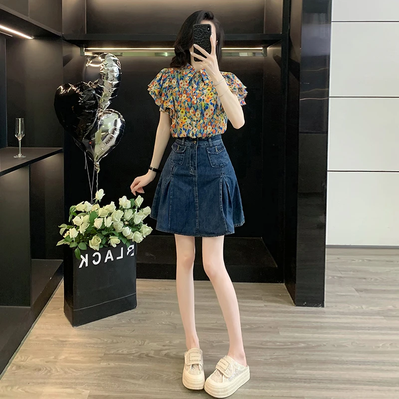 港味复古Polo领衬衫女休闲森系油画风荷叶袖印花绝美轻熟上衣夏季