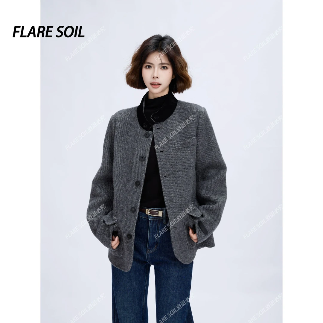 【FLARE SOIL】毛呢外套口袋大衣保暖韩版纽扣开衫短外套 T40088A