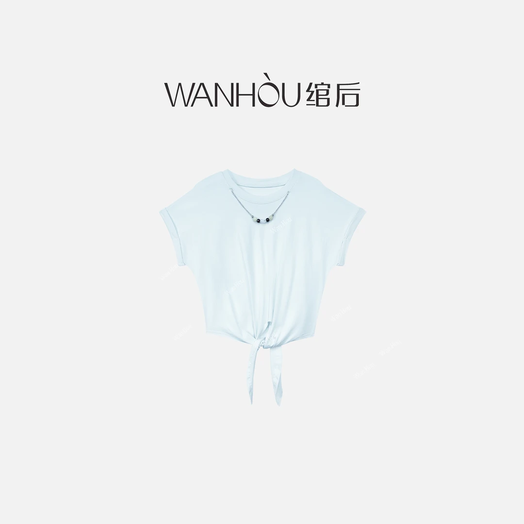 【C2826】#WH-百搭串珠链条装饰系带圆领T恤女SS