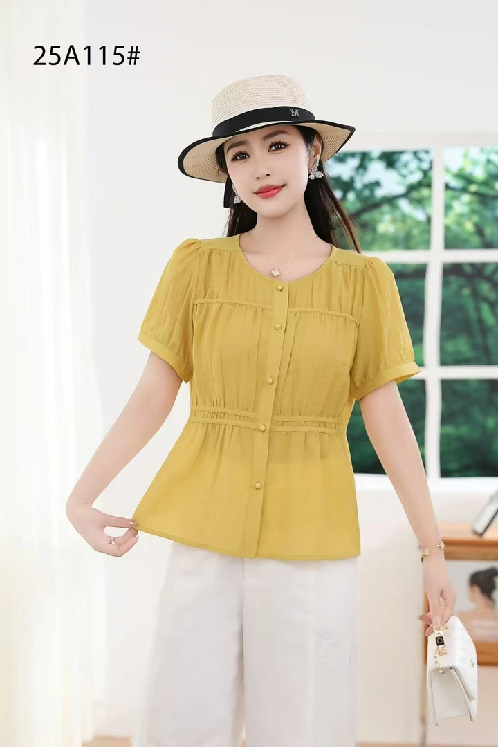 短袖圆领通勤短袖衬衫韩版百搭收腰时尚款2025显瘦气质