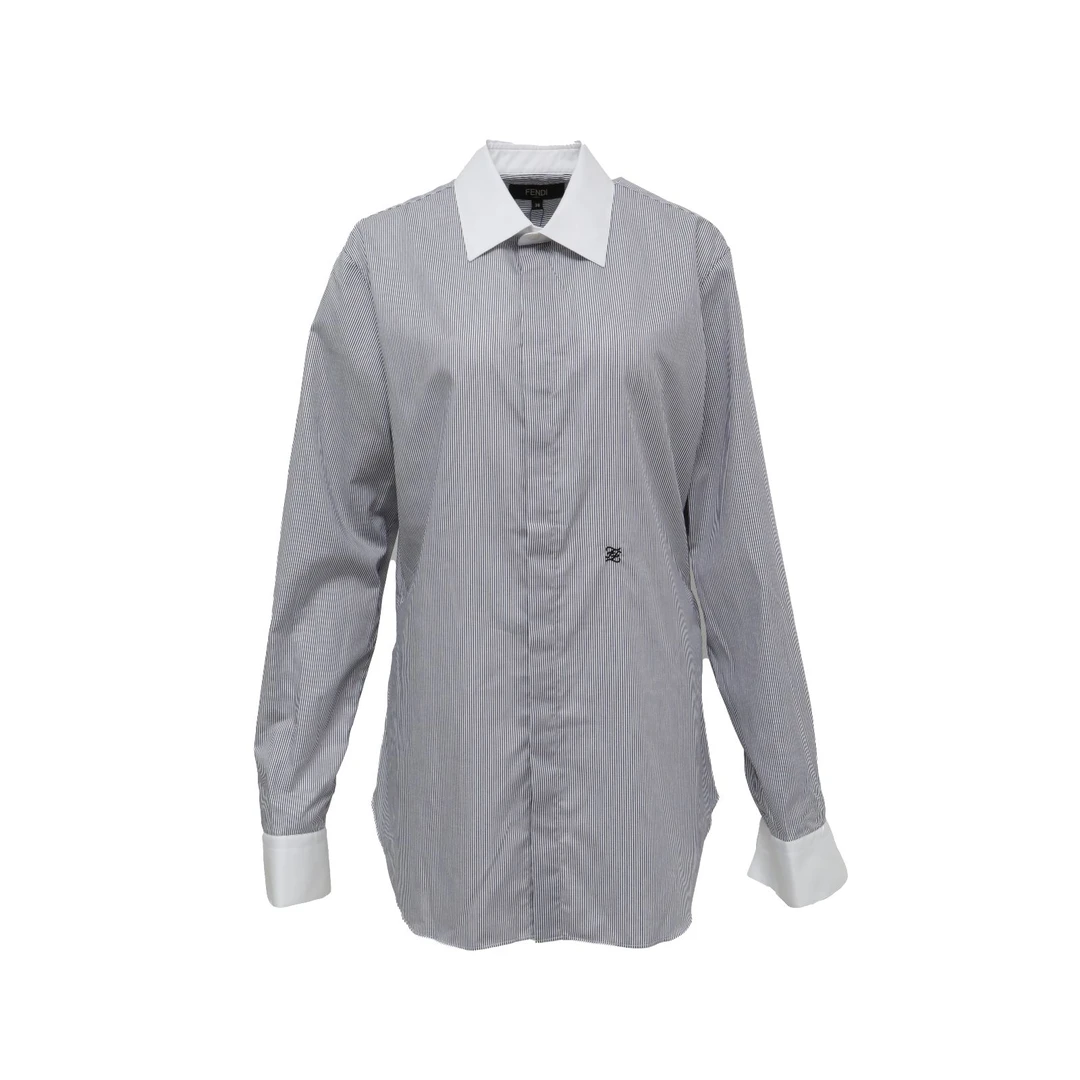 未使用 FENDI/芬迪 汤/P225684431/ 刺绣logo 条纹 长袖衬衫 38