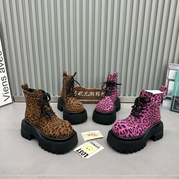 MANGNIER/豹纹厚底轻奢时尚舒适潮流百搭爆款马丁靴系带加绒女靴