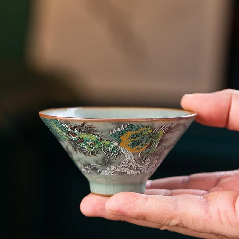 景德镇陶瓷老陶泥开片穿云龙斗笠杯个人专用主人杯手工男士茶杯