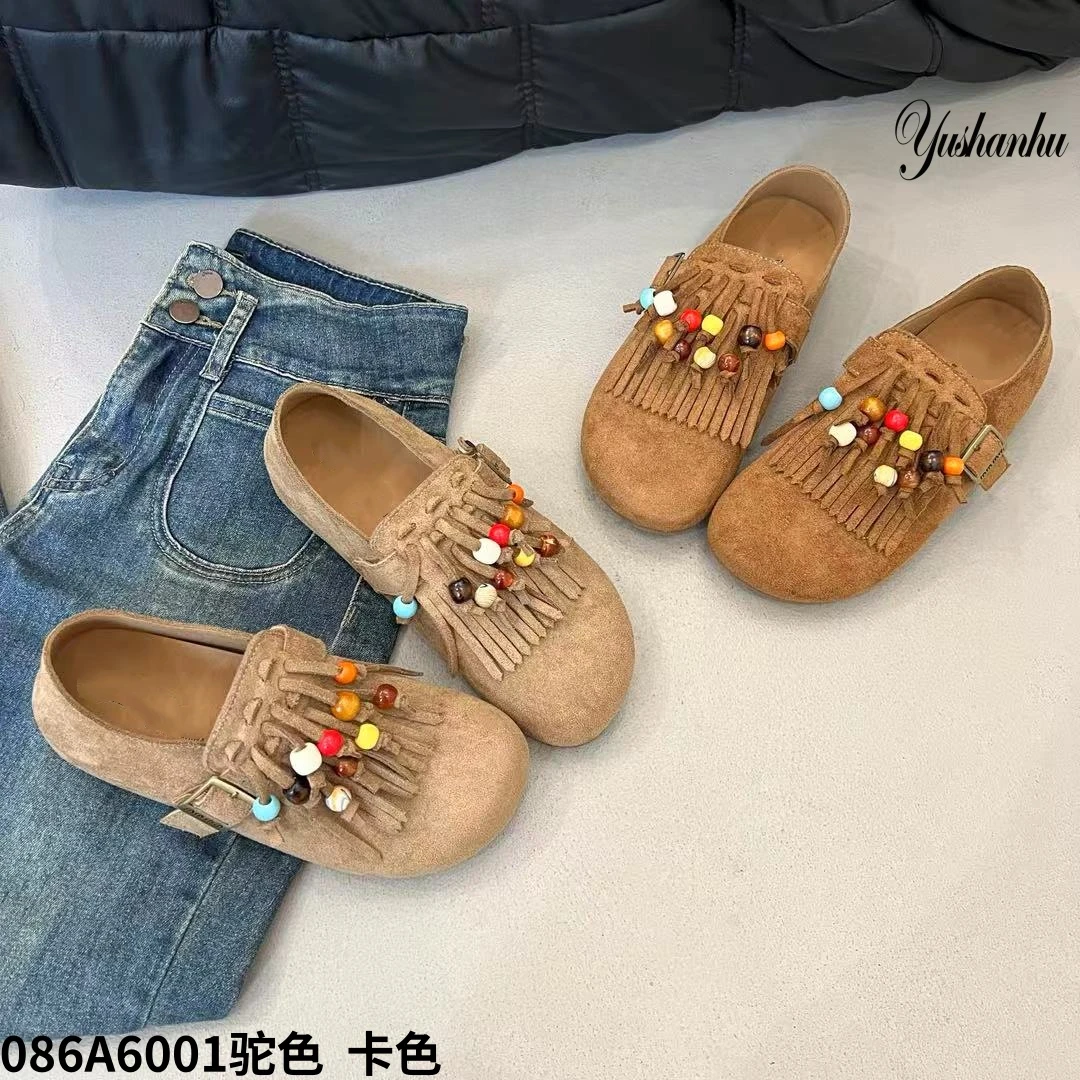 A6001流苏时尚深口豆豆鞋单鞋一脚蹬包头串珠平底勃肯鞋