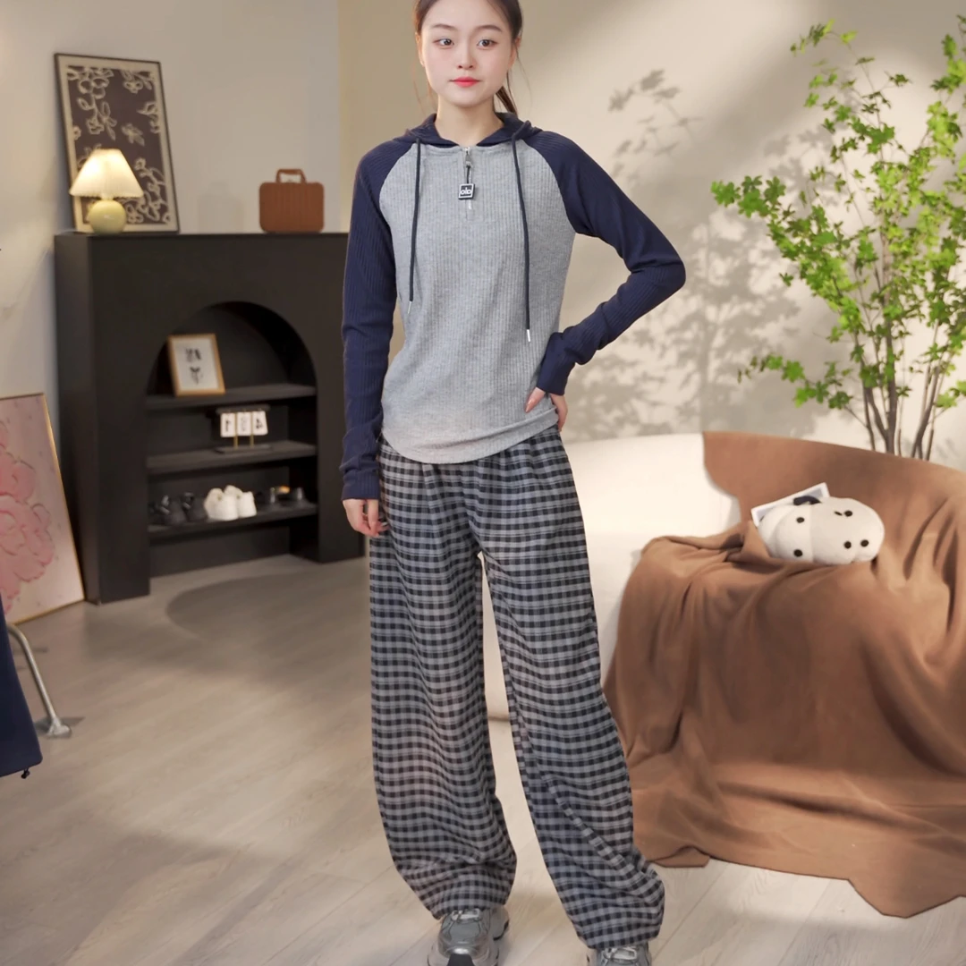 【涵妈推荐】女大童秋款拼色插肩上衣格子裤两件套初中生大码套装秋