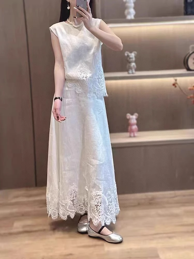 休闲百搭亚麻套装裙2025夏季蕾丝拼接遮肉显瘦无袖上衣半裙两件套