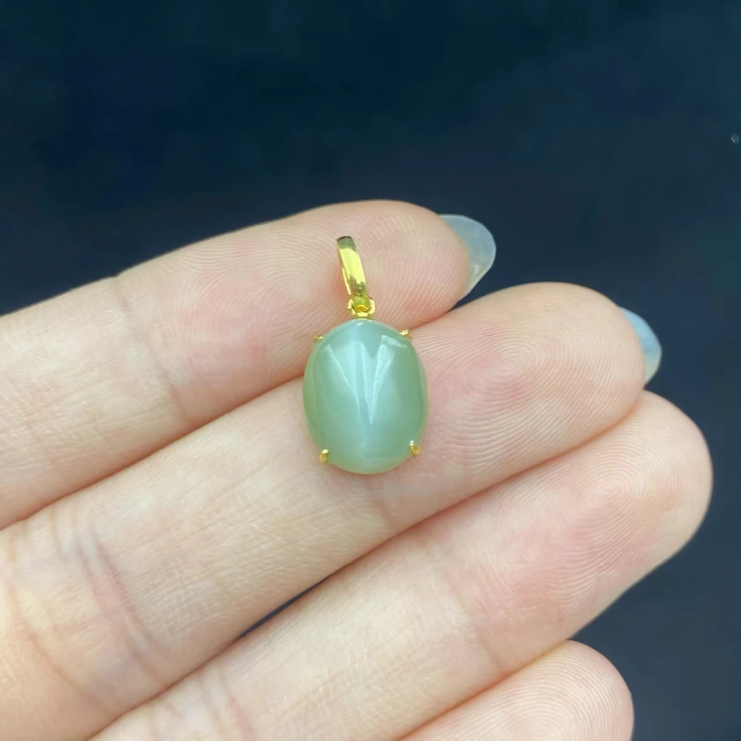 【慧子臻选】18k金和田玉粉青一线天猫眼蛋面吊坠 不含链LM09