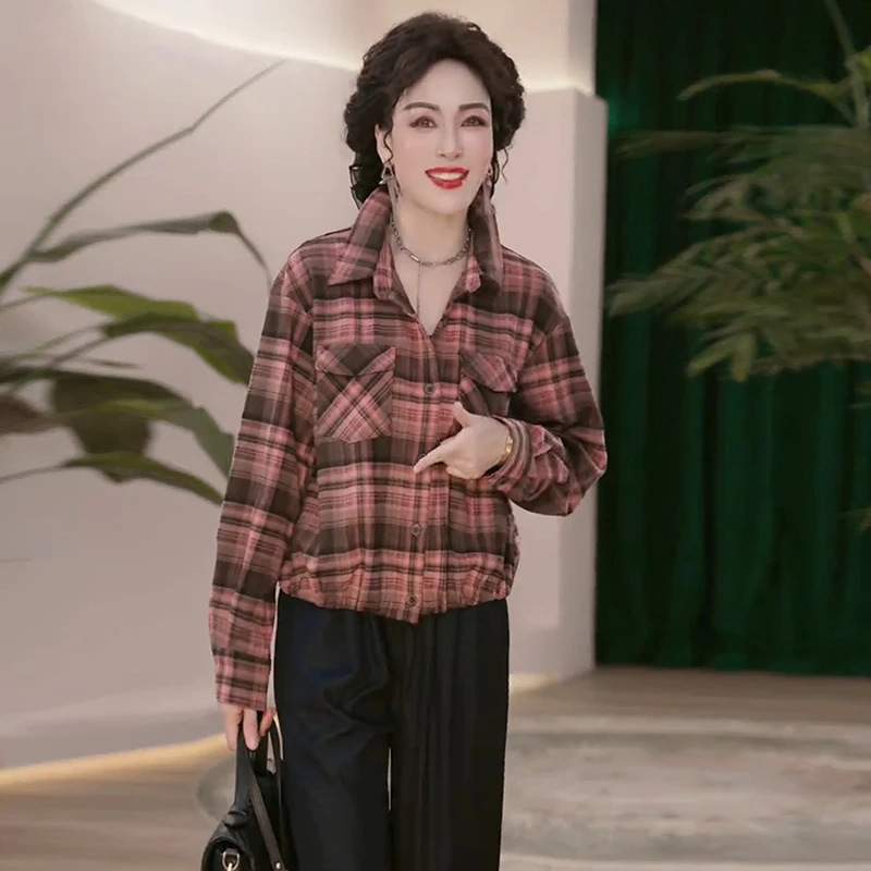 2025秋季妈妈复古格纹衬衫女长袖翻领单排扣减龄显瘦短款外套上衣