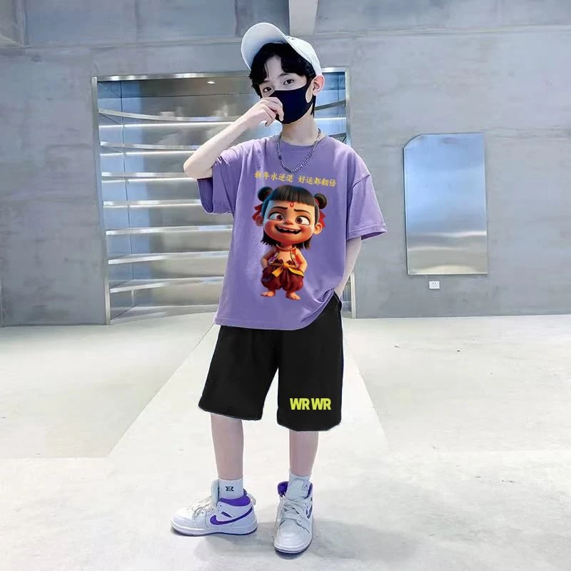 男童纯棉T恤短裤套装宽松版中大童男孩帅气哪吒卡通T恤裤子两件套