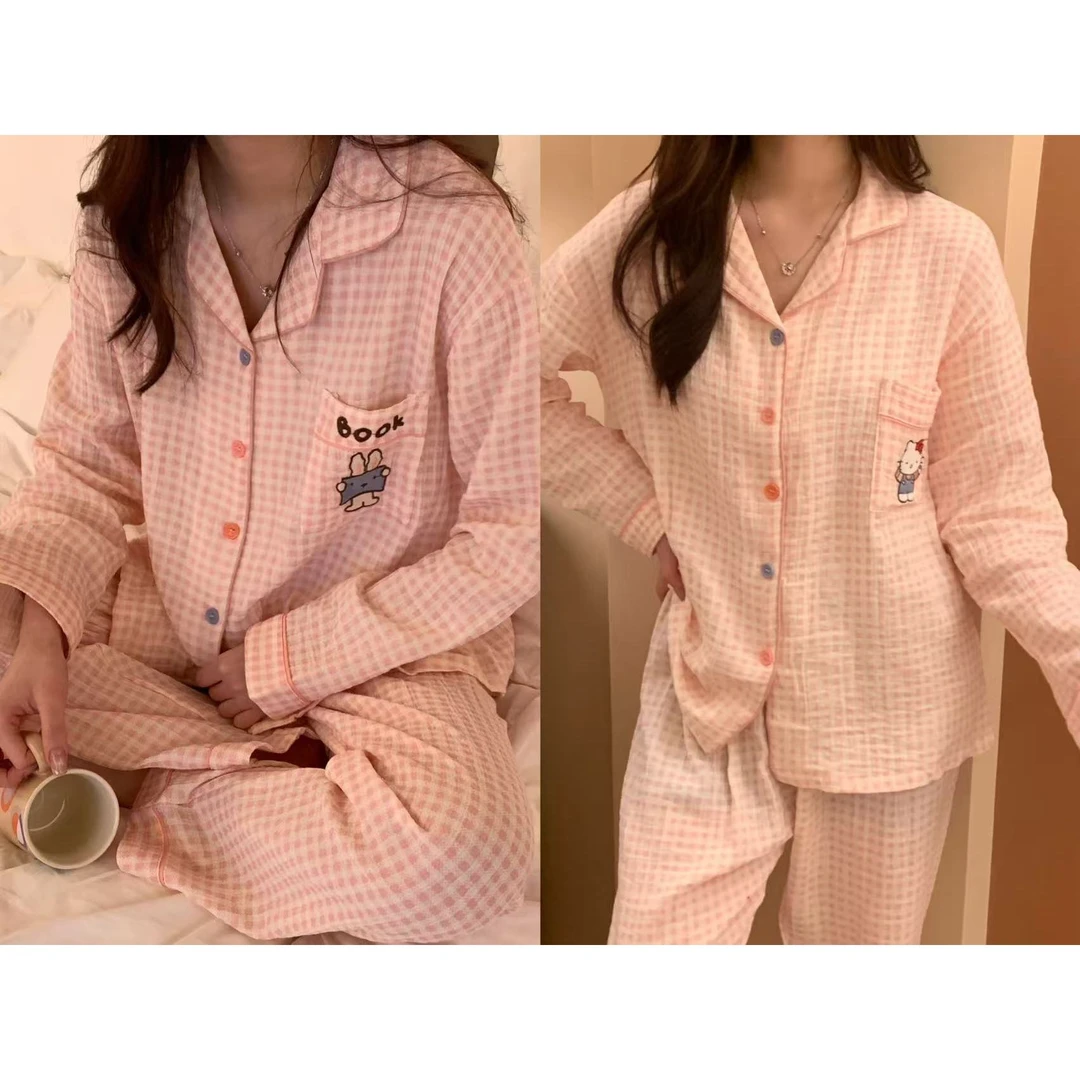 “纯棉棉纱”粉色小格卡通可爱甜美睡衣#JXM6202