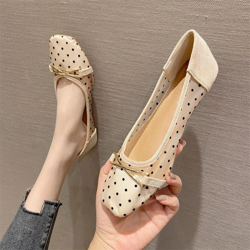 波点网纱仙女鞋夏季百搭方头软底平底鞋黑蝴蝶结透气浅口单鞋尖头