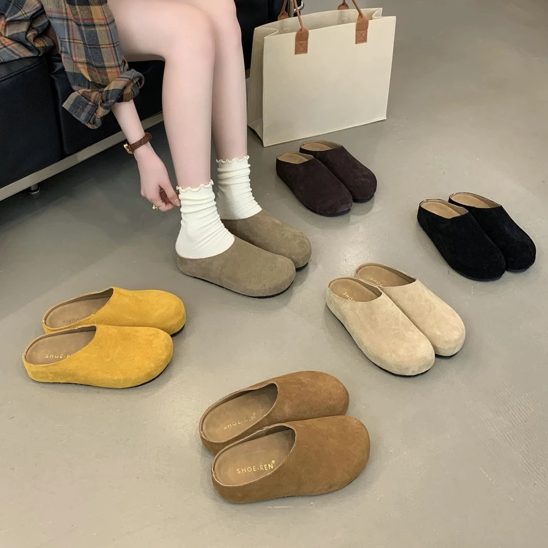 真皮4公分内增高勃肯鞋包头半拖鞋女外穿春秋新款复古厚底9759-1