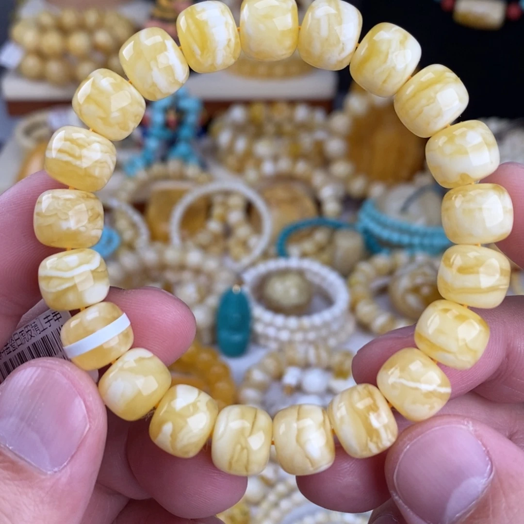 蜜蜡未镶嵌手链金瓷白细纹虎皮千层雪11.4mm