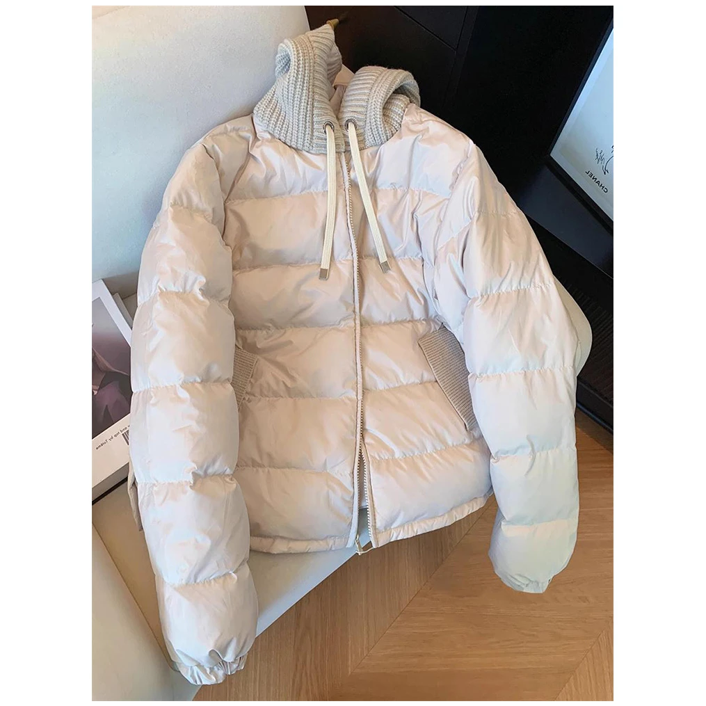 2025时尚百搭设计感针织拼接连帽服女冬季宽松保暖独特别致衣外套