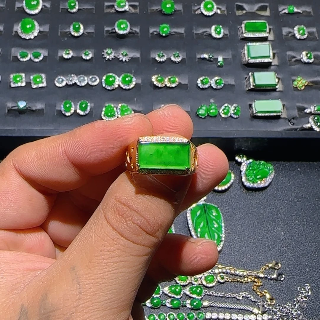 翡翠银S925镀金镶嵌戒指