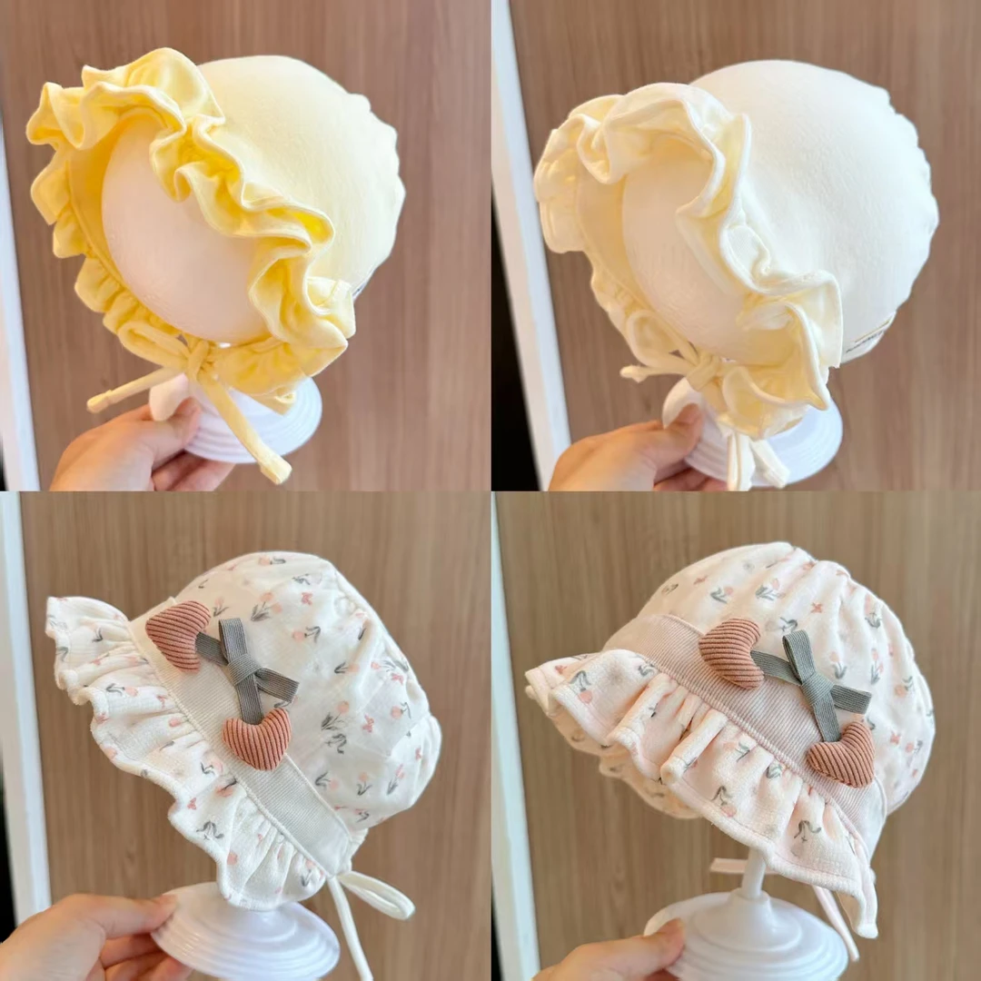 女宝宝帽子春秋韩版纯色百搭洋气花边公主护耳帽可爱婴幼儿包头帽