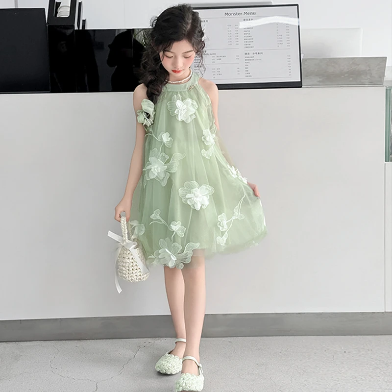 女童夏季纱裙2025夏款无袖长裙花卉连衣裙裙子女童童装夏装小女孩