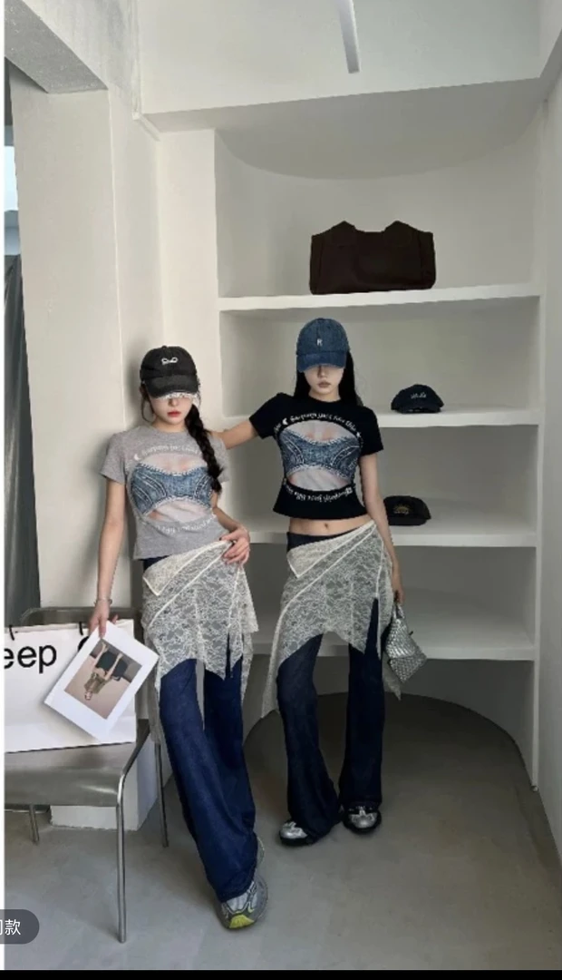 2025春秋小众设计师款不规则蕾丝拼接微弹力防牛仔喇叭裤裙显瘦
