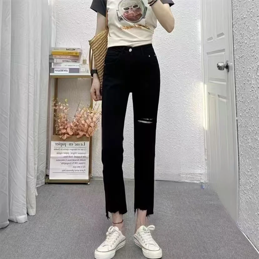 6132夏季薄款九分裤女爆款破洞牛仔韩版毛边显瘦直筒烟管