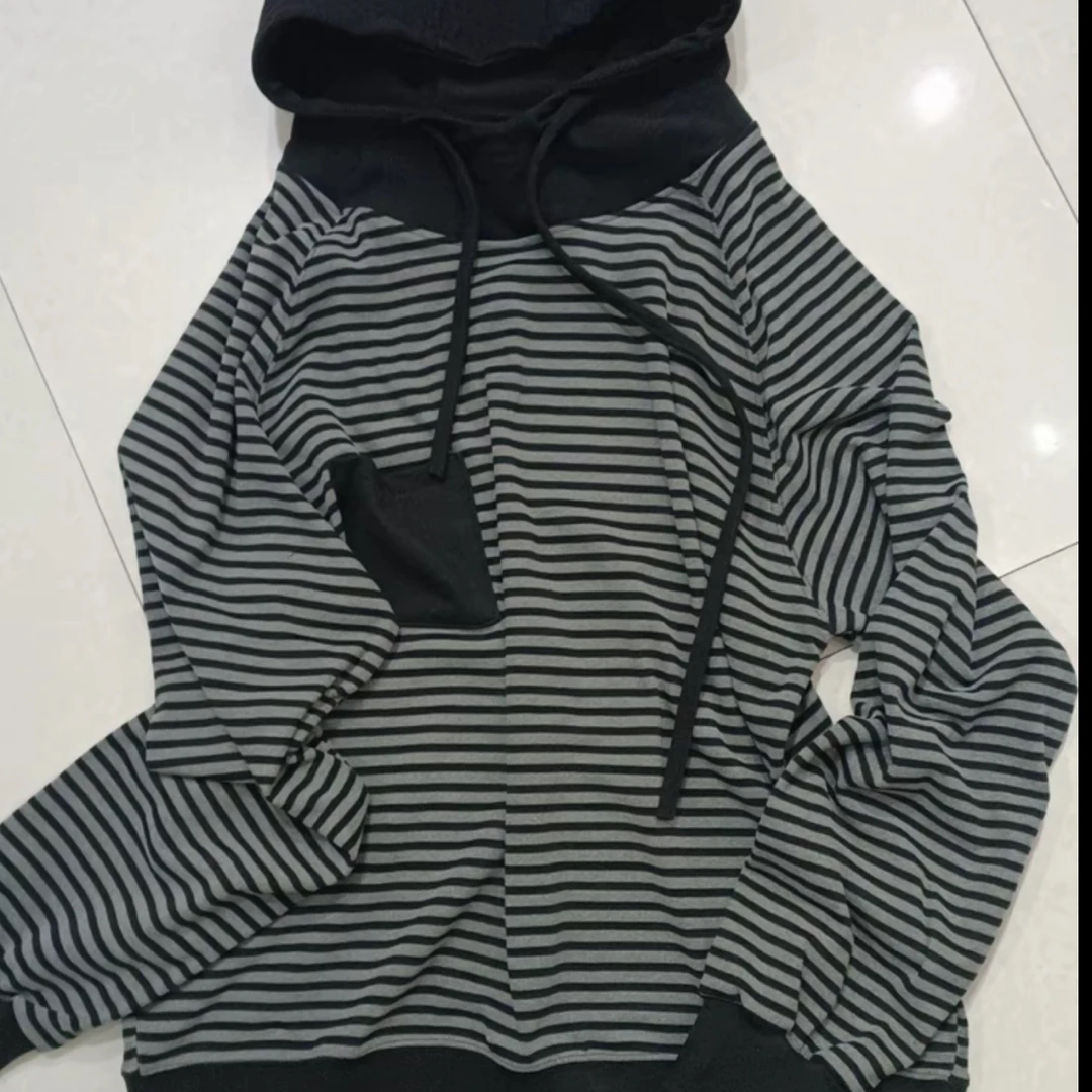 条纹女连帽秋季短款条纹卫衣上衣带帽秋季女装时尚宽松大码显瘦